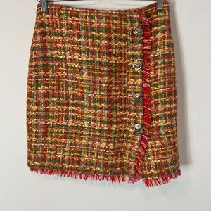 Multi-Color Tweed Fringe Button-Front Mini Skirt
